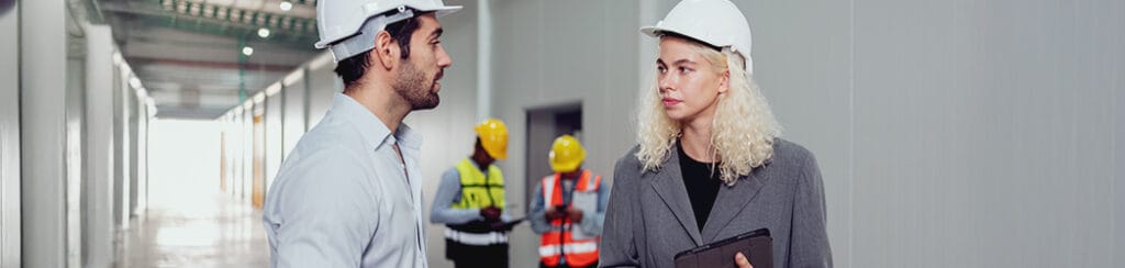 Going over construction kpi with construction employee at work